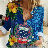 (Custom Personalised) Samoa Women Casual Shirt Coat Of Arms Mix Tropical Flowers LT14 Female Blue - Polynesian Pride