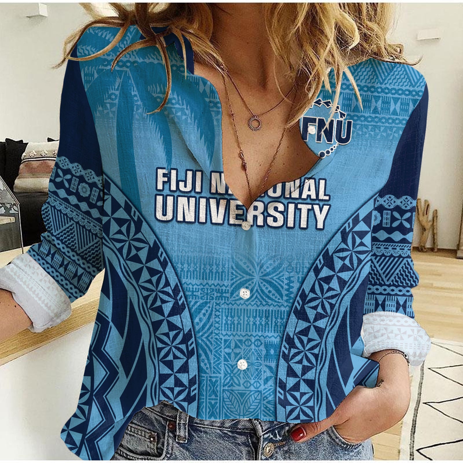 Fiji University Women Casual Shirt National Fijian Tapa Pattern Blue LT14 Female Blue - Polynesian Pride