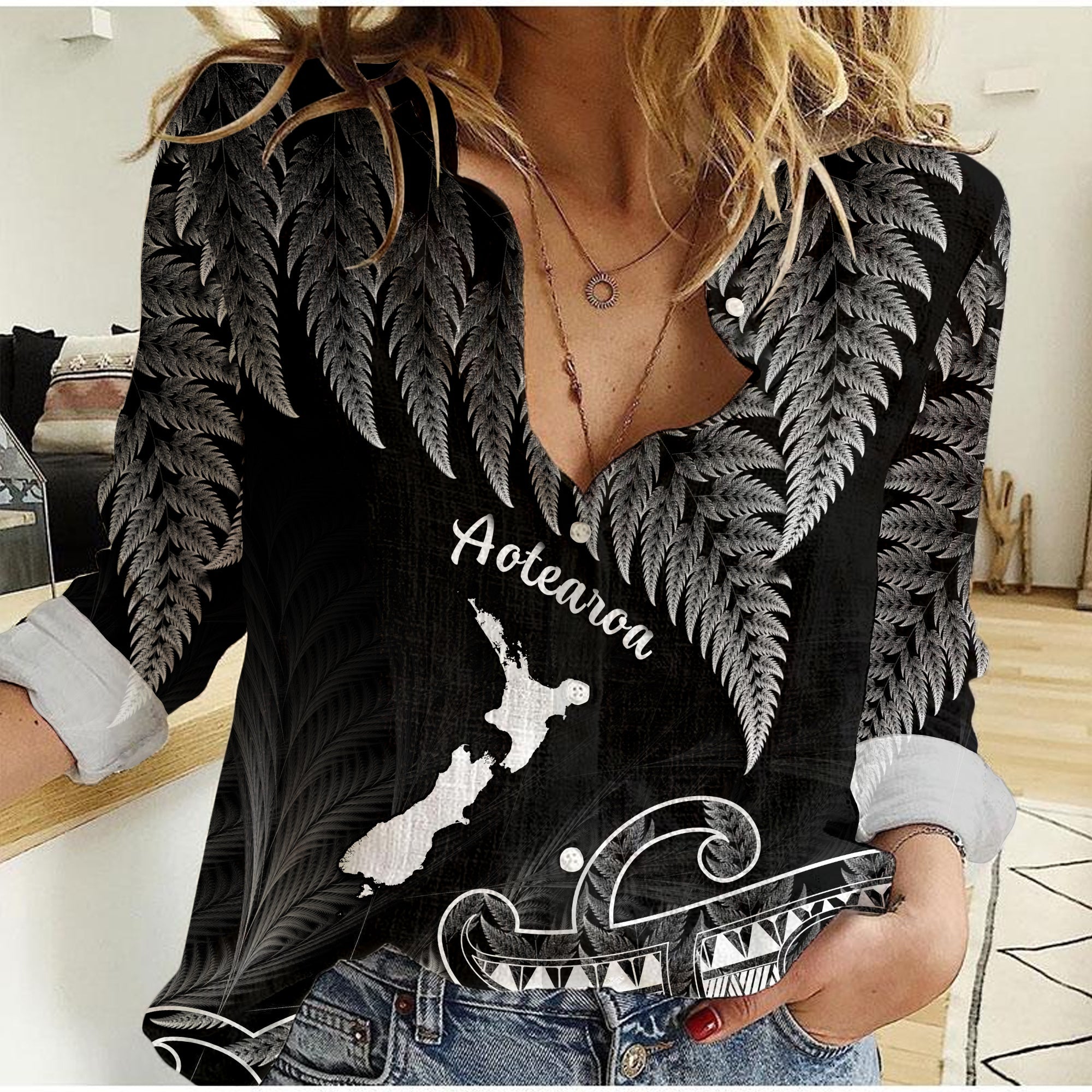 (Custom Personalised) New Zealand Silver Fern Women Casual Shirt Aotearoa Map Maori LT14 Female Black - Polynesian Pride