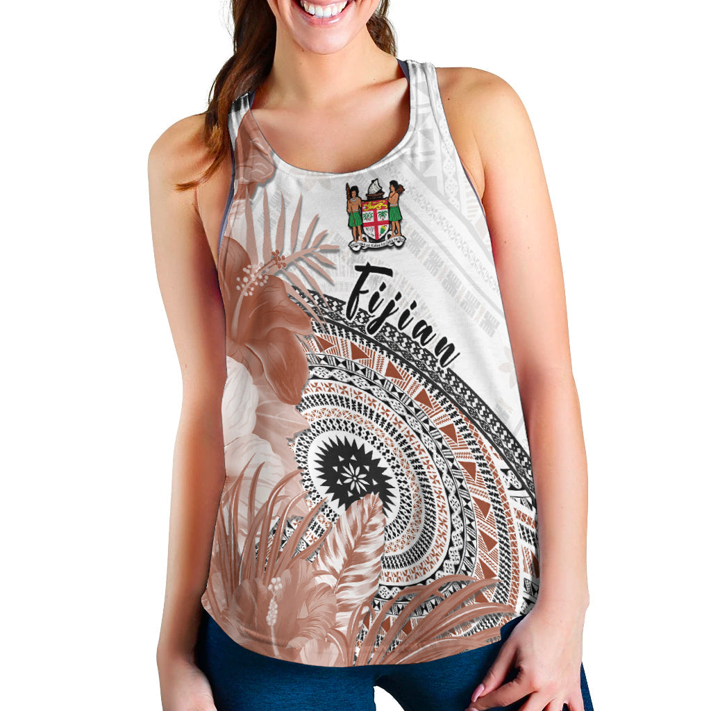 Fiji Tapa Women Racerback Tank White Fijian Masi Be Loved Hibiscus LT13 White - Polynesian Pride