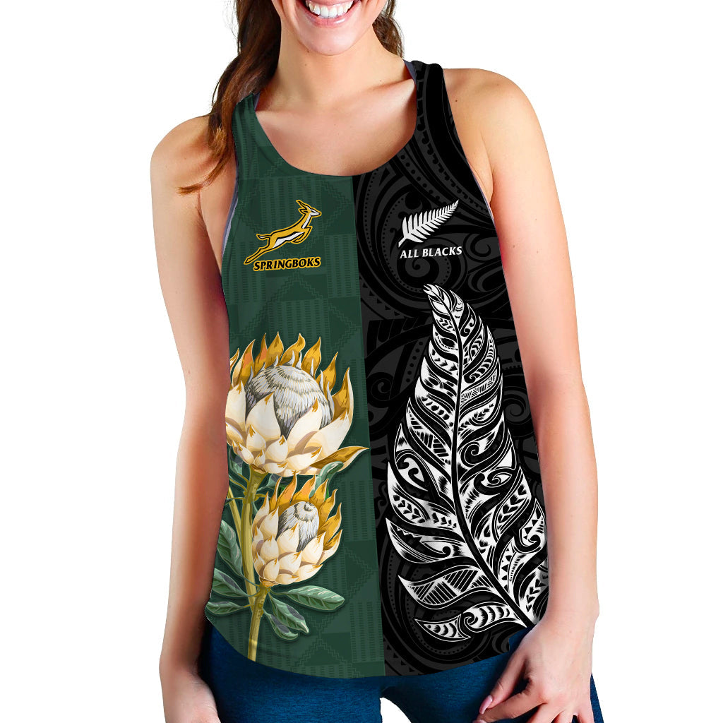 (Custom Personalised) South Africa Protea and New Zealand Fern Women Racerback Tank Rugby Go Springboks vs All Black LT13 Art - Polynesian Pride