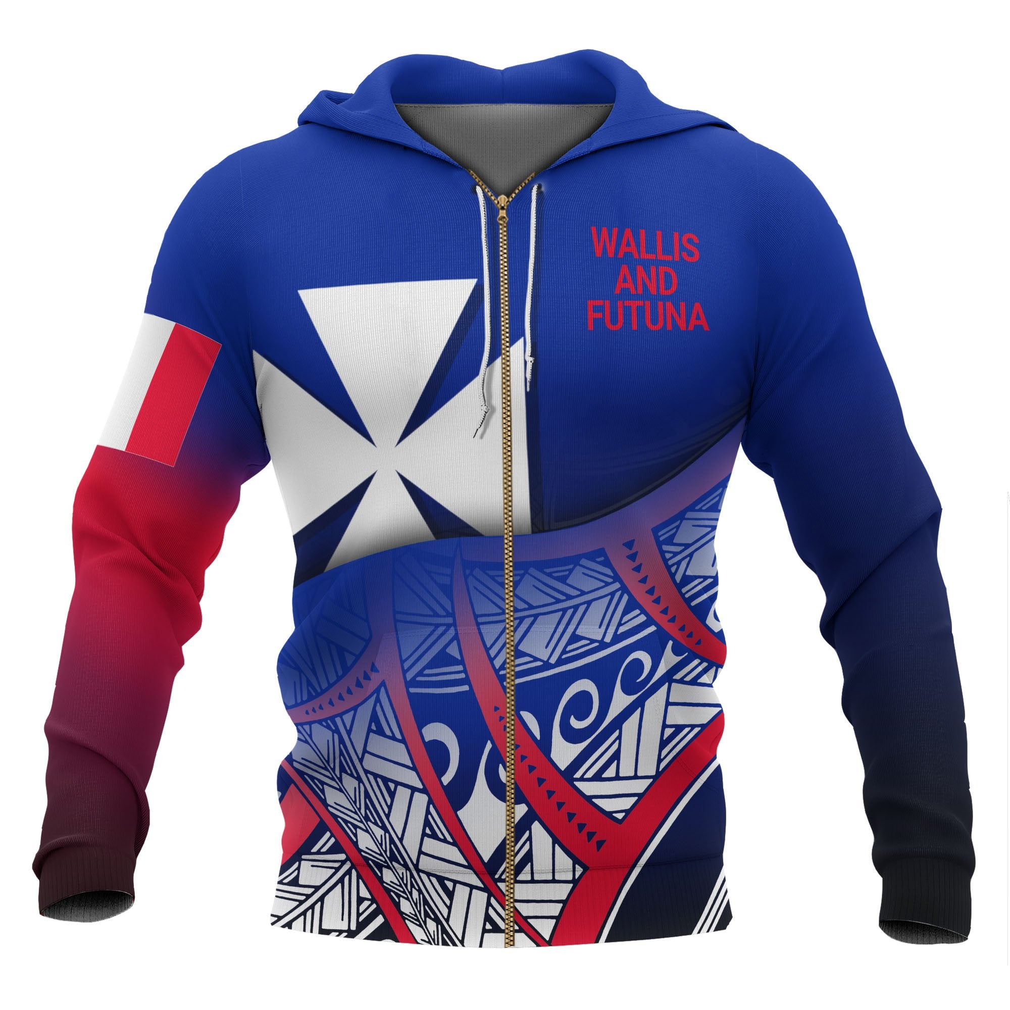 Wallis and Futuna Coat of Arms Zip up Hoodie Polynesian Pattern Unisex Blue - Polynesian Pride