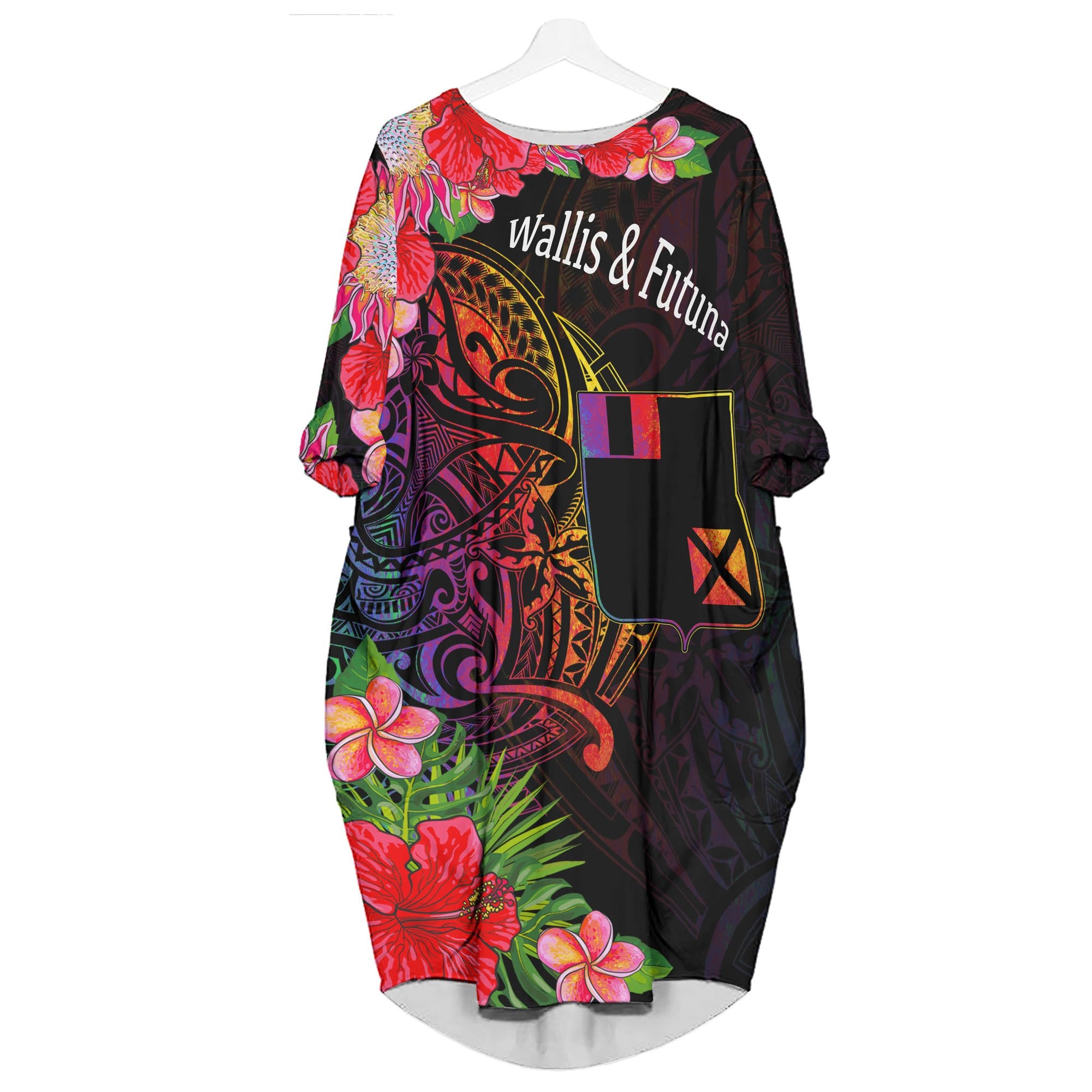 Wallis and Futuna Batwing Pocket Dress - Tropical Hippie Style Women Black - Polynesian Pride