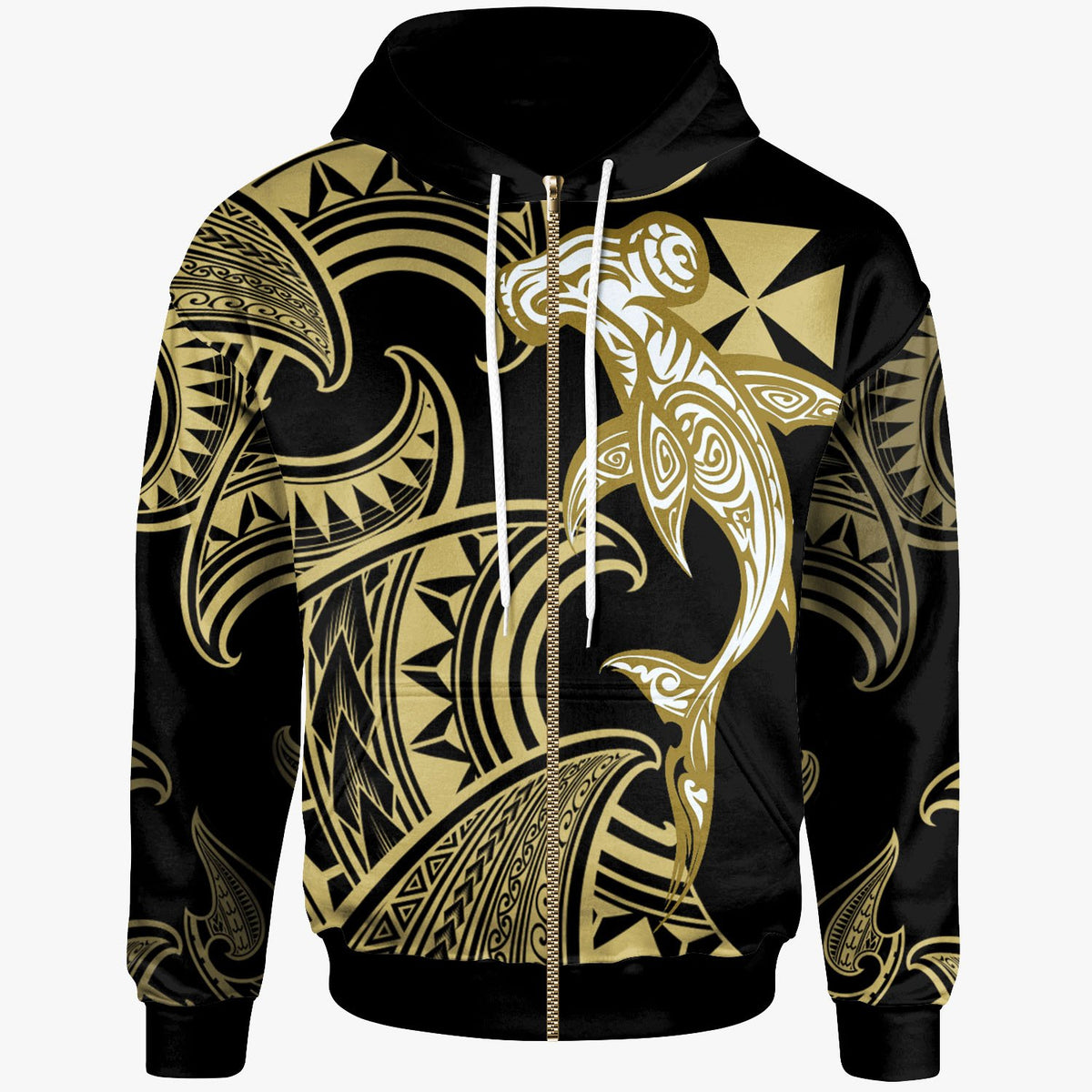 Wallis & Futuna Zip Hoodie Hammerhead Shark Tribal Pattern Unisex Gold - Polynesian Pride