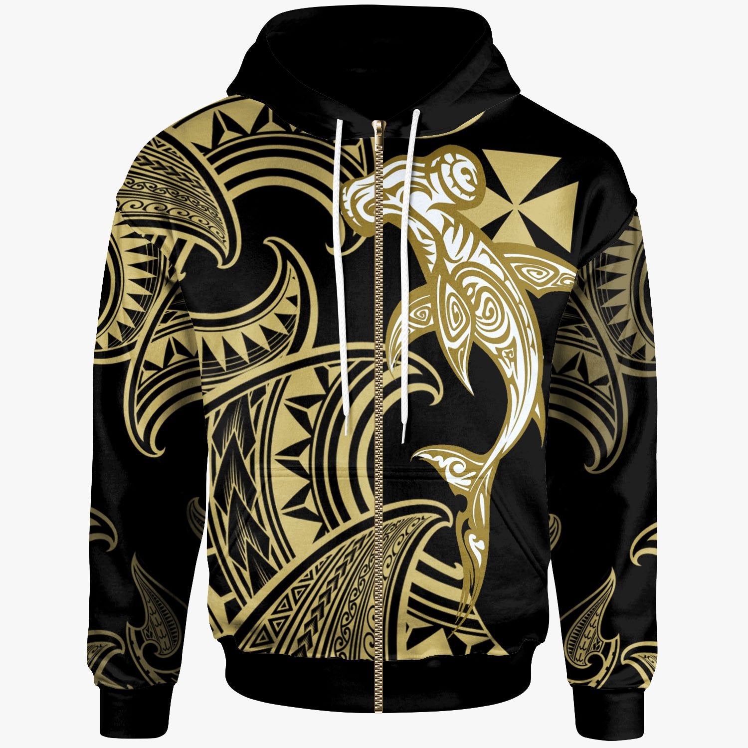 Wallis & Futuna Zip Hoodie Hammerhead Shark Tribal Pattern Unisex Gold - Polynesian Pride