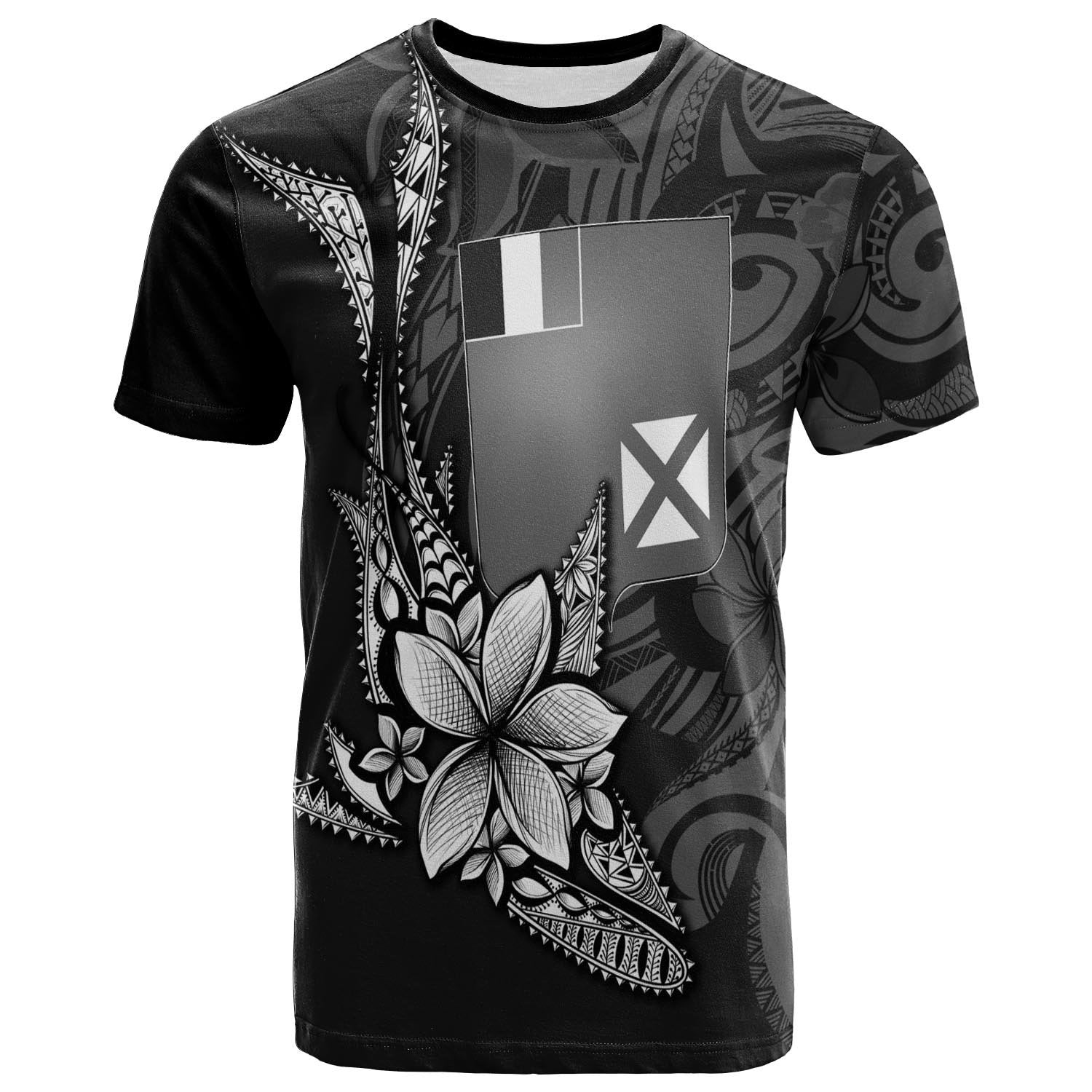 Wallis and Futuna Custom T Shirt Fish With Plumeria Flowers Style Unisex Black - Polynesian Pride