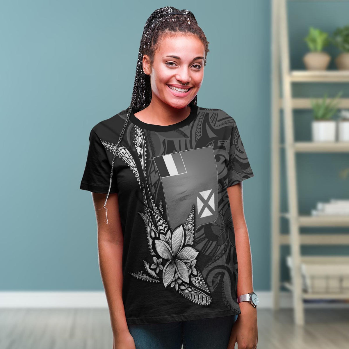 Wallis and Futuna T Shirt Fish With Plumeria Flowers Style - Polynesian Pride