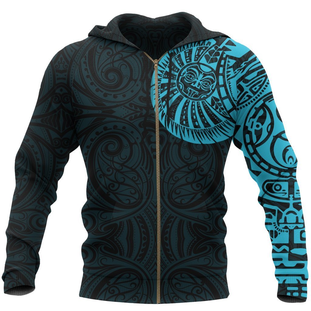 New Zealand Maori Zip Hoodie, Maori Warrior Tattoo Full Zip Hoodie Blue Unisex Black - Polynesian Pride