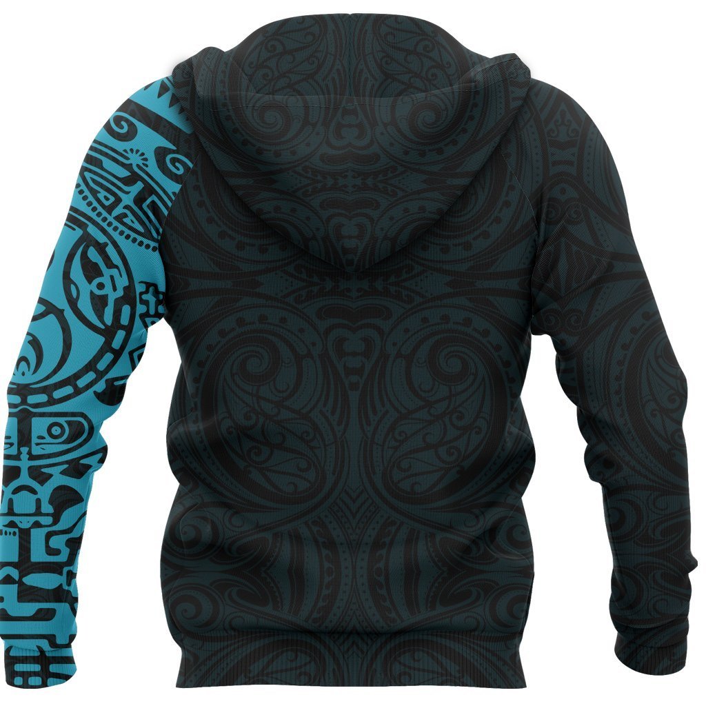 New Zealand Maori Hoodie, Maori Warrior Tattoo Pullover Hoodie Blue - Polynesian Pride
