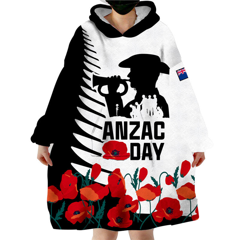 New Zealand ANZAC Day Wearable Blanket Hoodie Military Silver Ferns and Red Poppy LT9 Unisex One Size - Polynesian Pride