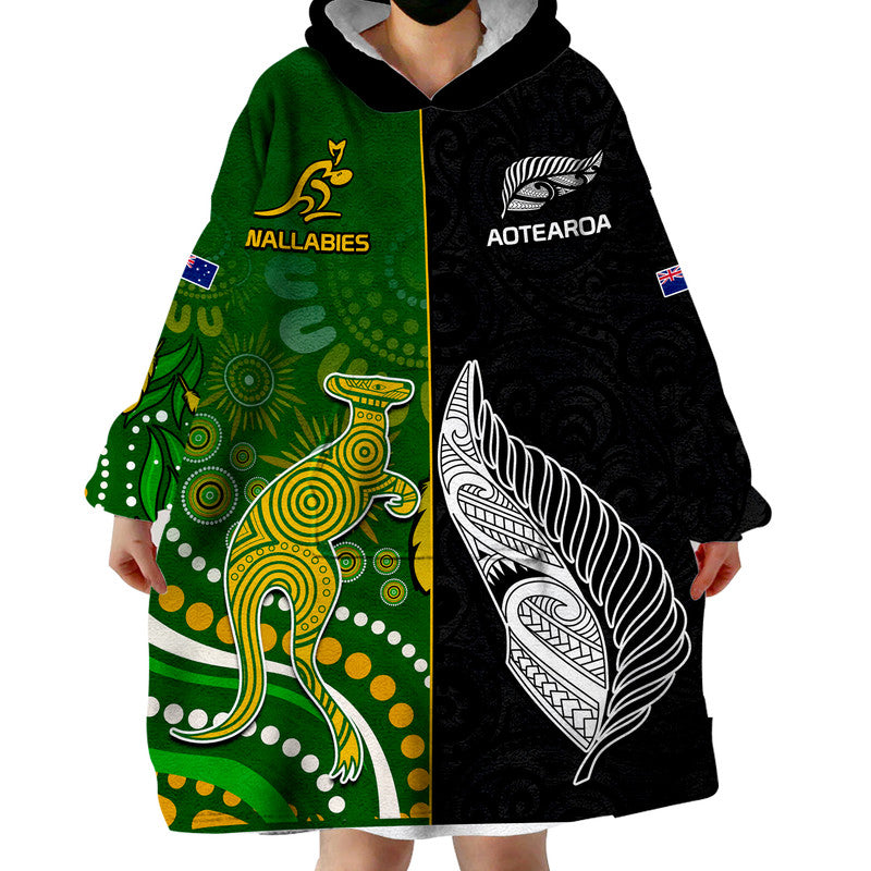 (Custom Personalised) Aotearoa Rugby All Black Combine Australia Wallabies Wearable Blanket Hoodie Aboriginal Kangaroo And Maori Fern LT9 Unisex One Size - Polynesian Pride