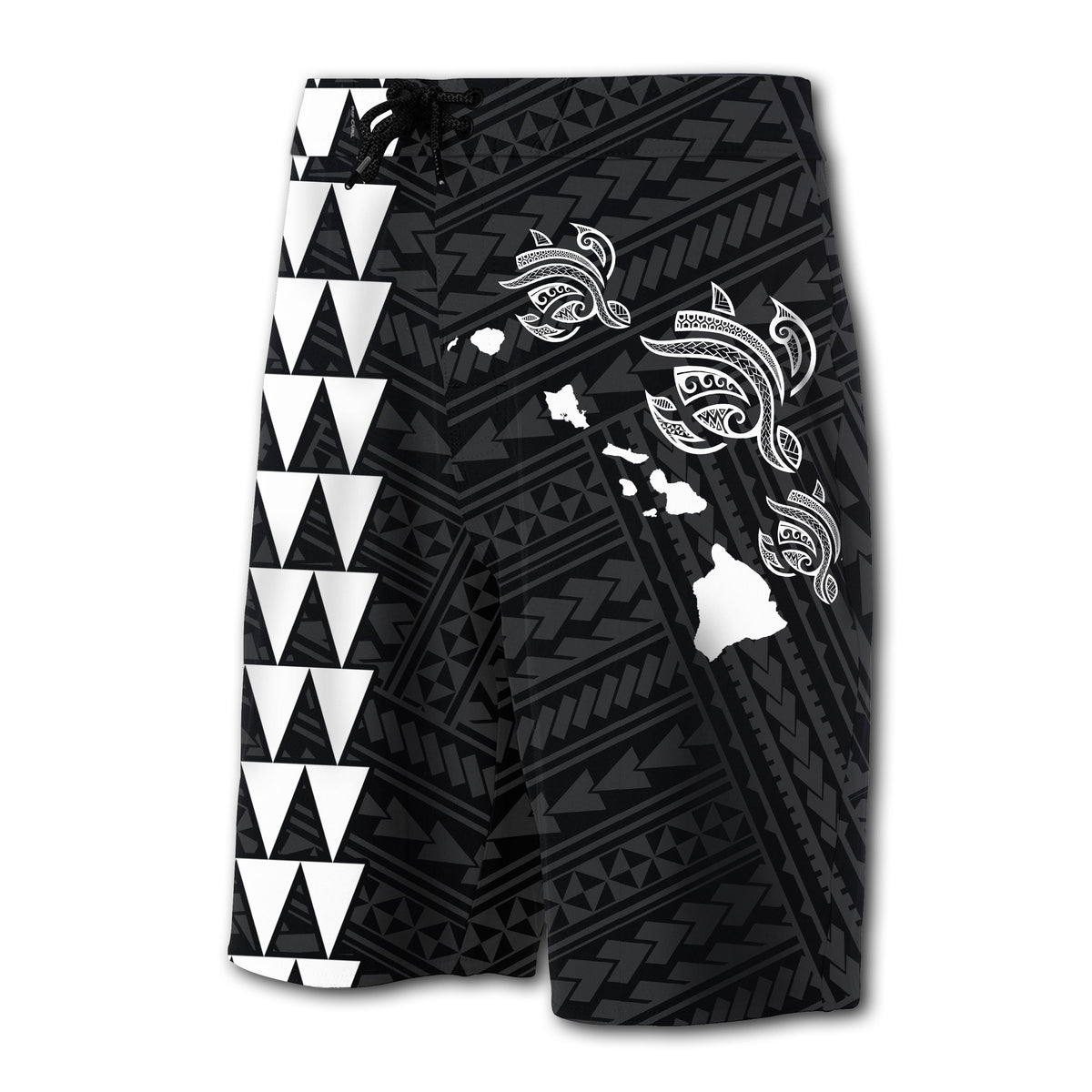 Hawaii Kakau Polynesian Three Turtles Map Board Shorts - White - Polynesian Pride