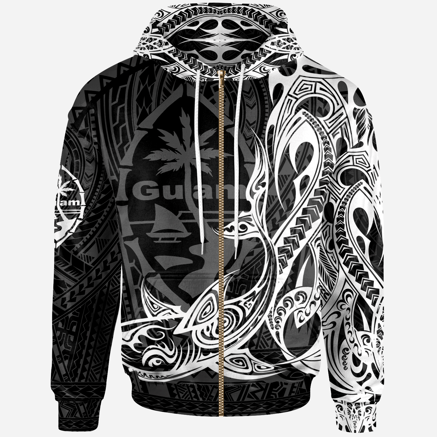 Guam Zip up Hoodie Guam Seal With Shark Unisex Black - Polynesian Pride