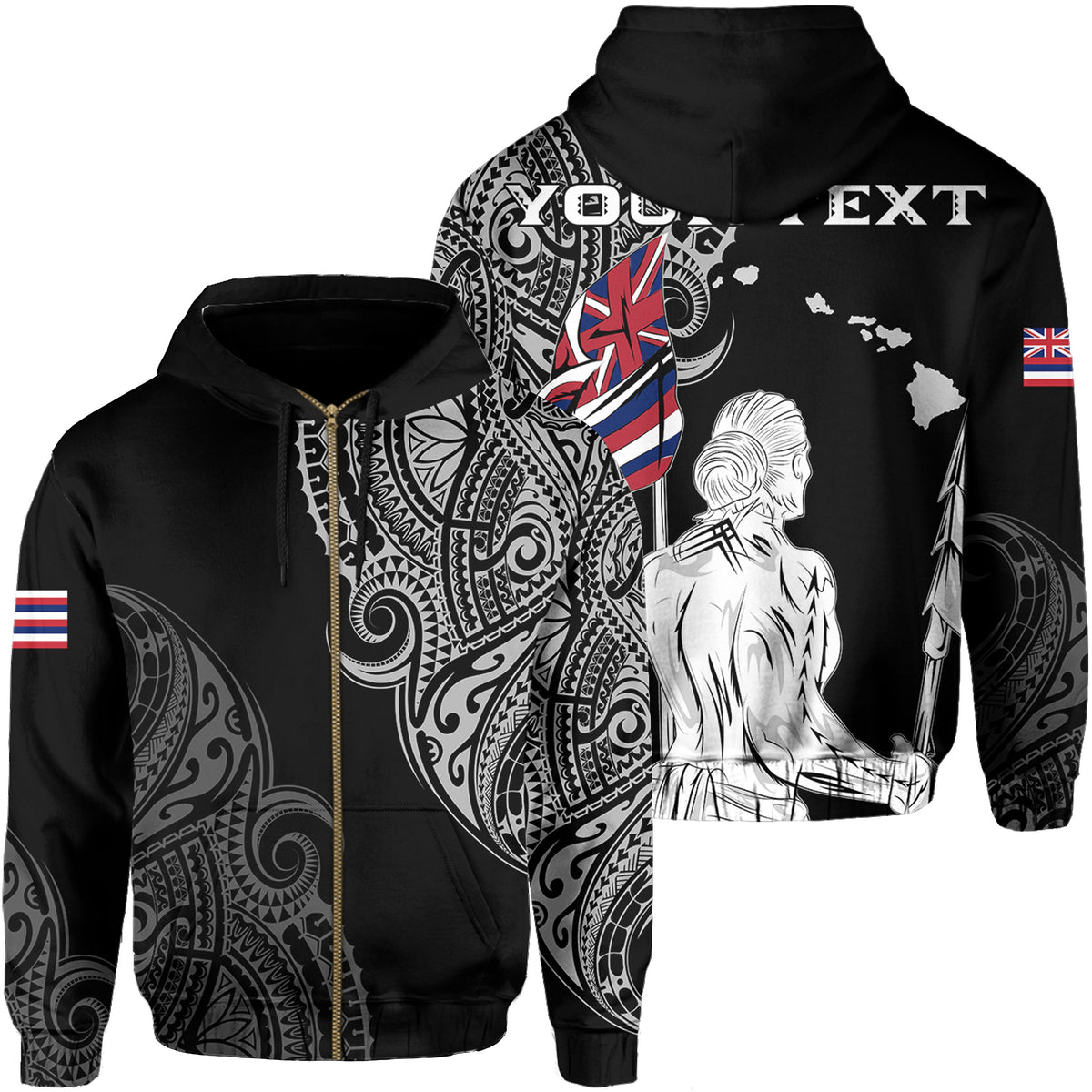 Personalized Hawaii Map Polynesian Warrior Ikaika Hoodie Zip William Style White Unisex Black - Polynesian Pride