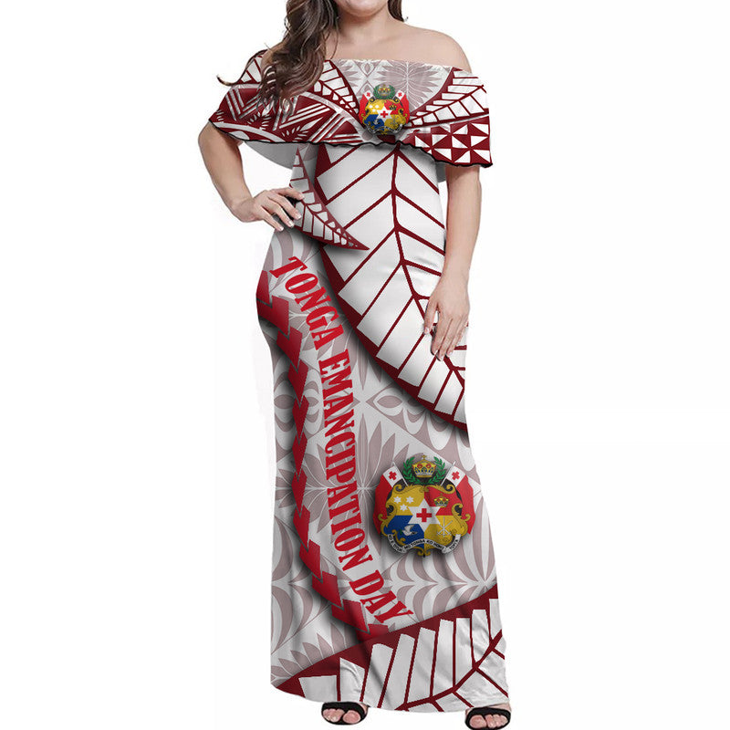 Tonga Emancipation Day Women Off Shoulder Long Dress - Kupesi Pattern No.2 White LT9 Women White - Polynesian Pride