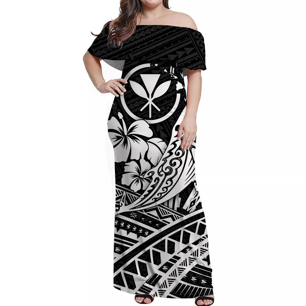 Hawaii Humpback Whale With Hibiscus Tribal Off Shoulder Dress White - LT12 Long Dress White - Polynesian Pride