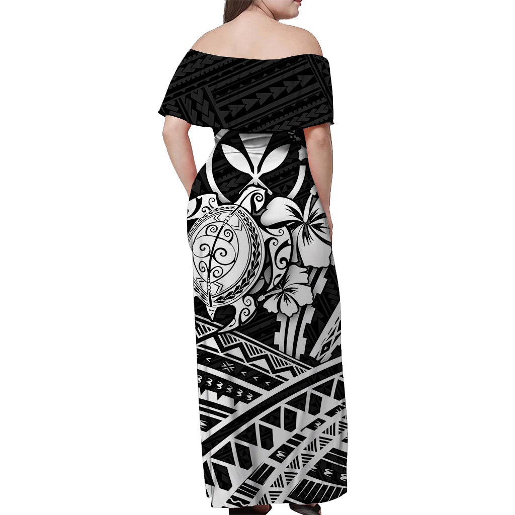 Hawaii Turtle With Hibiscus Tribal Off Shoulder Dress White - LT12 - Polynesian Pride