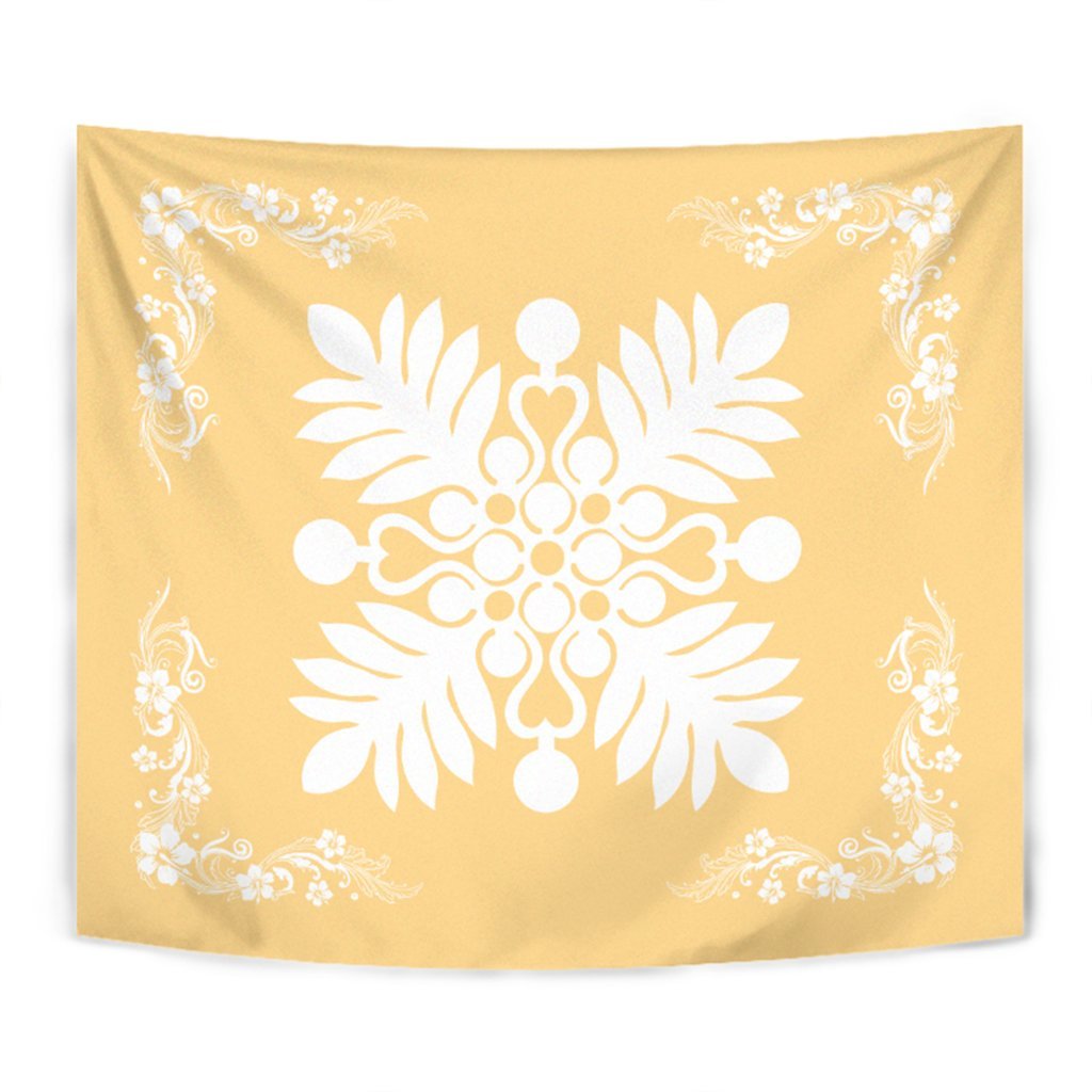 Hawaiian Quilt Maui Plant And Hibiscus Tappestry - White Beige - AH Wall Tapestry White - Polynesian Pride