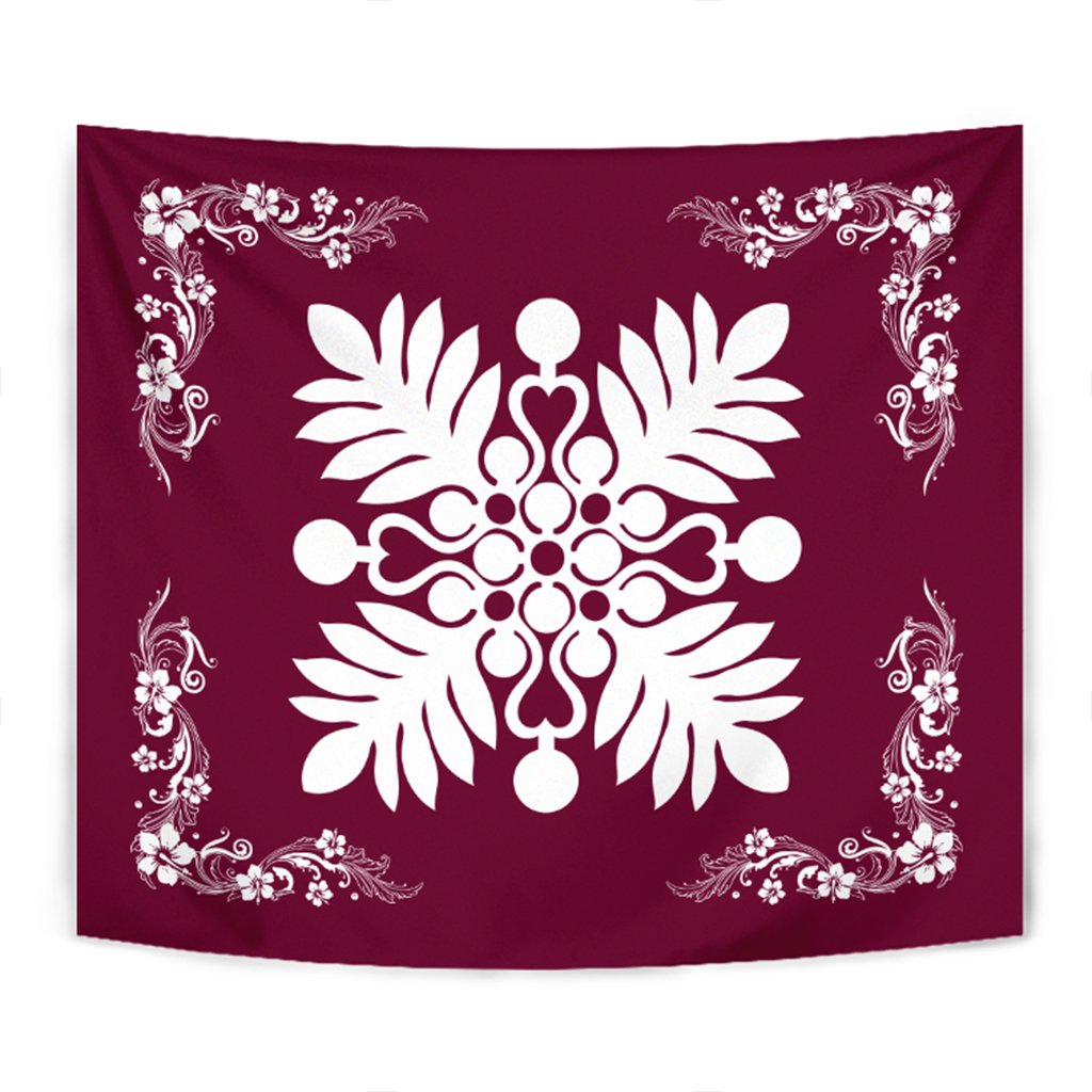 Hawaiian Quilt Maui Plant And Hibiscus Tappestry - White Burgundy - AH Wall Tapestry White - Polynesian Pride