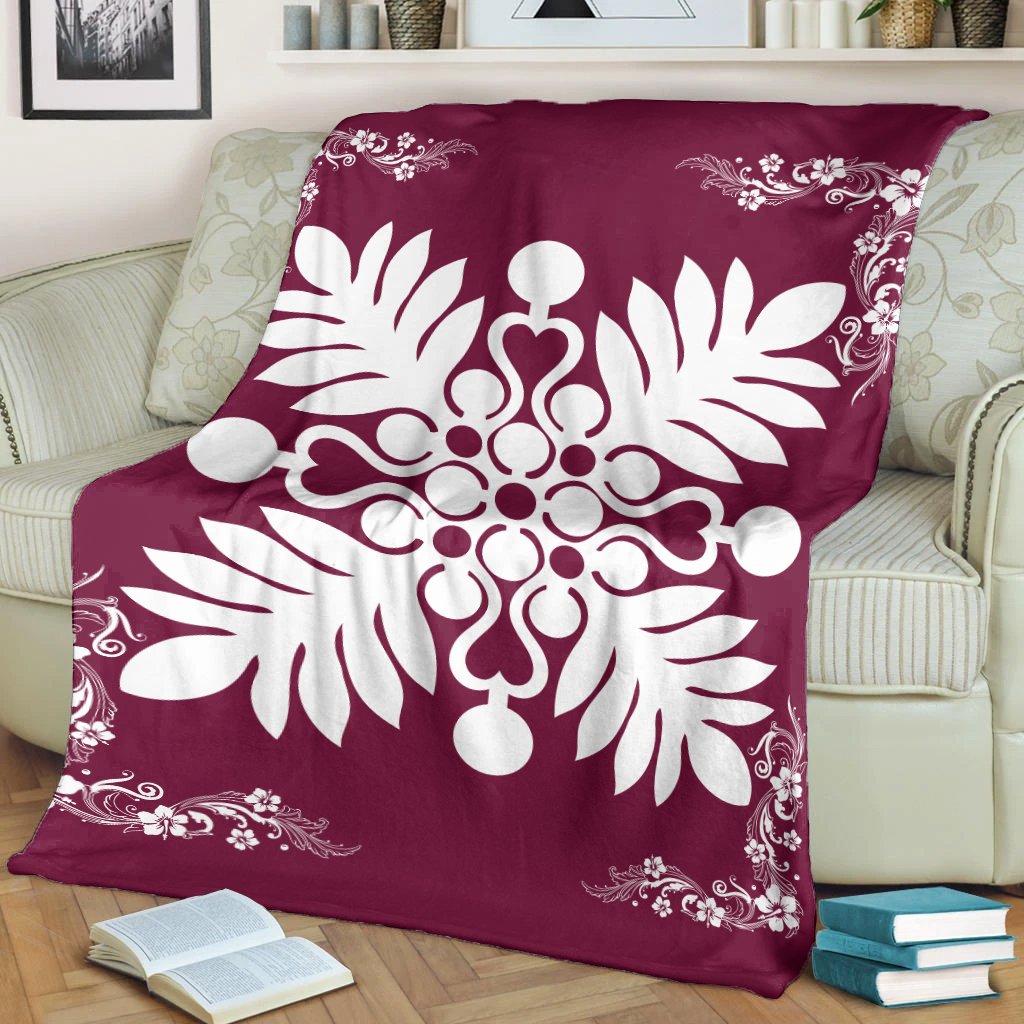 Hawaiian Quilt Maui Plant And Hibiscus Premium Blanket - White Burgundy - AH - Polynesian Pride