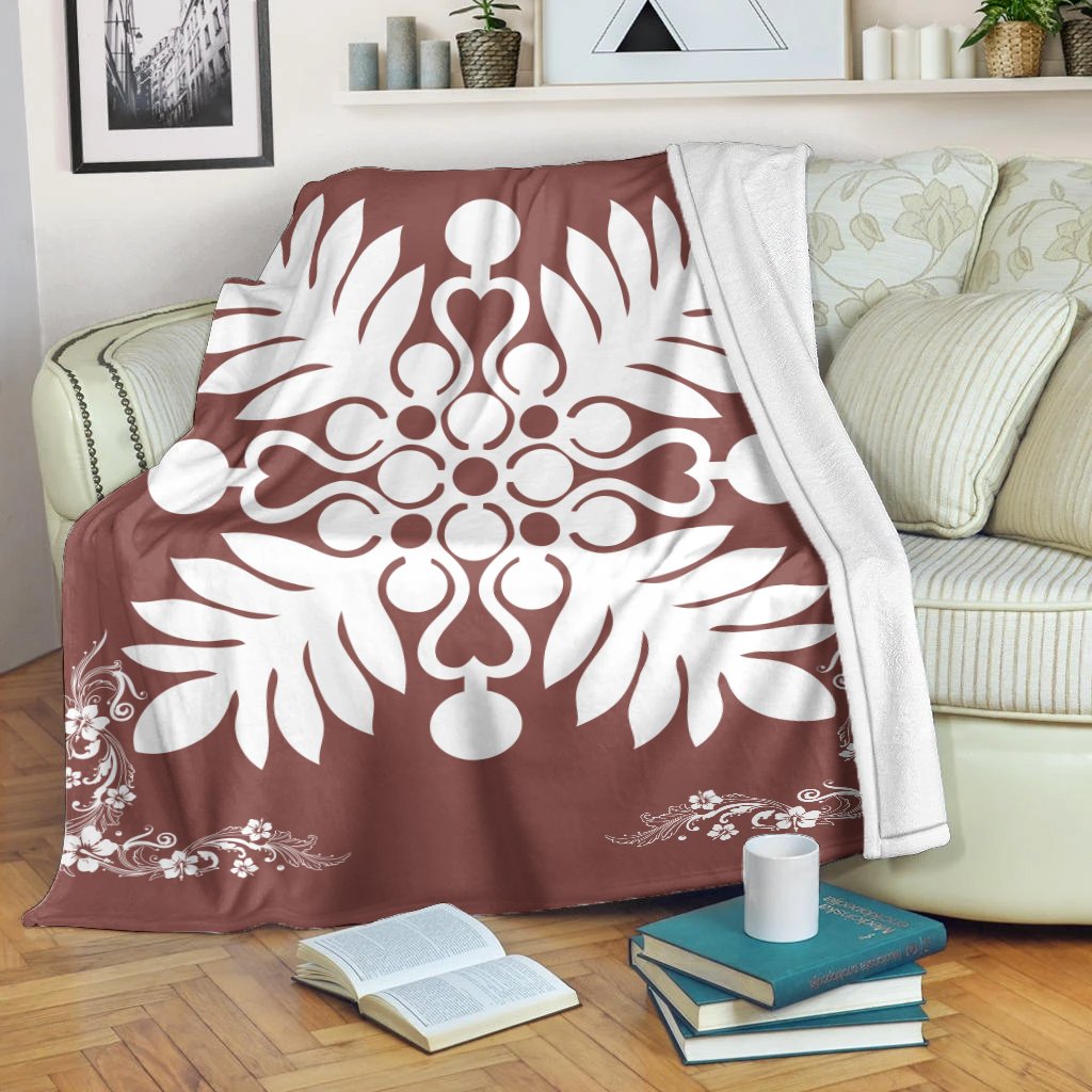 Hawaiian Quilt Maui Plant And Hibiscus Premium Blanket - White Coral - AH White - Polynesian Pride