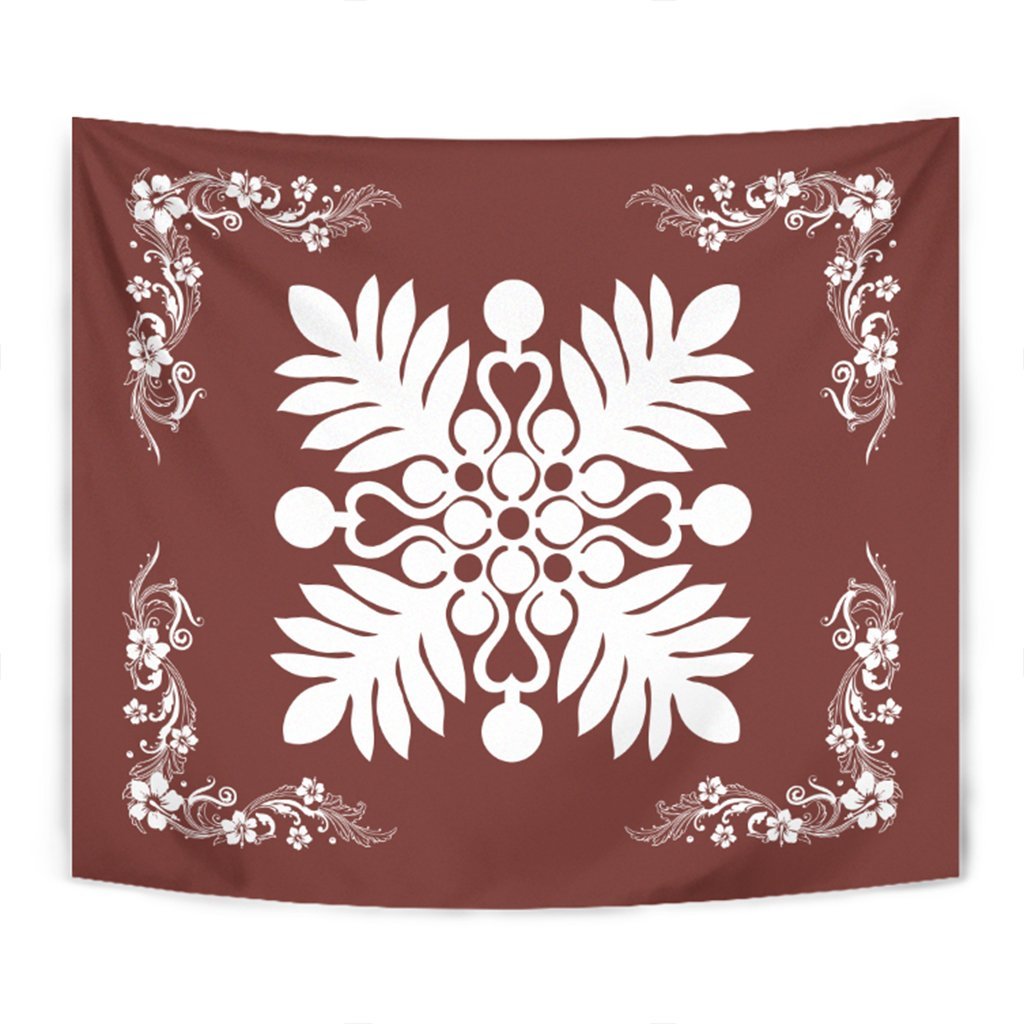 Hawaiian Quilt Maui Plant And Hibiscus Tappestry - White Coral - AH Wall Tapestry White - Polynesian Pride