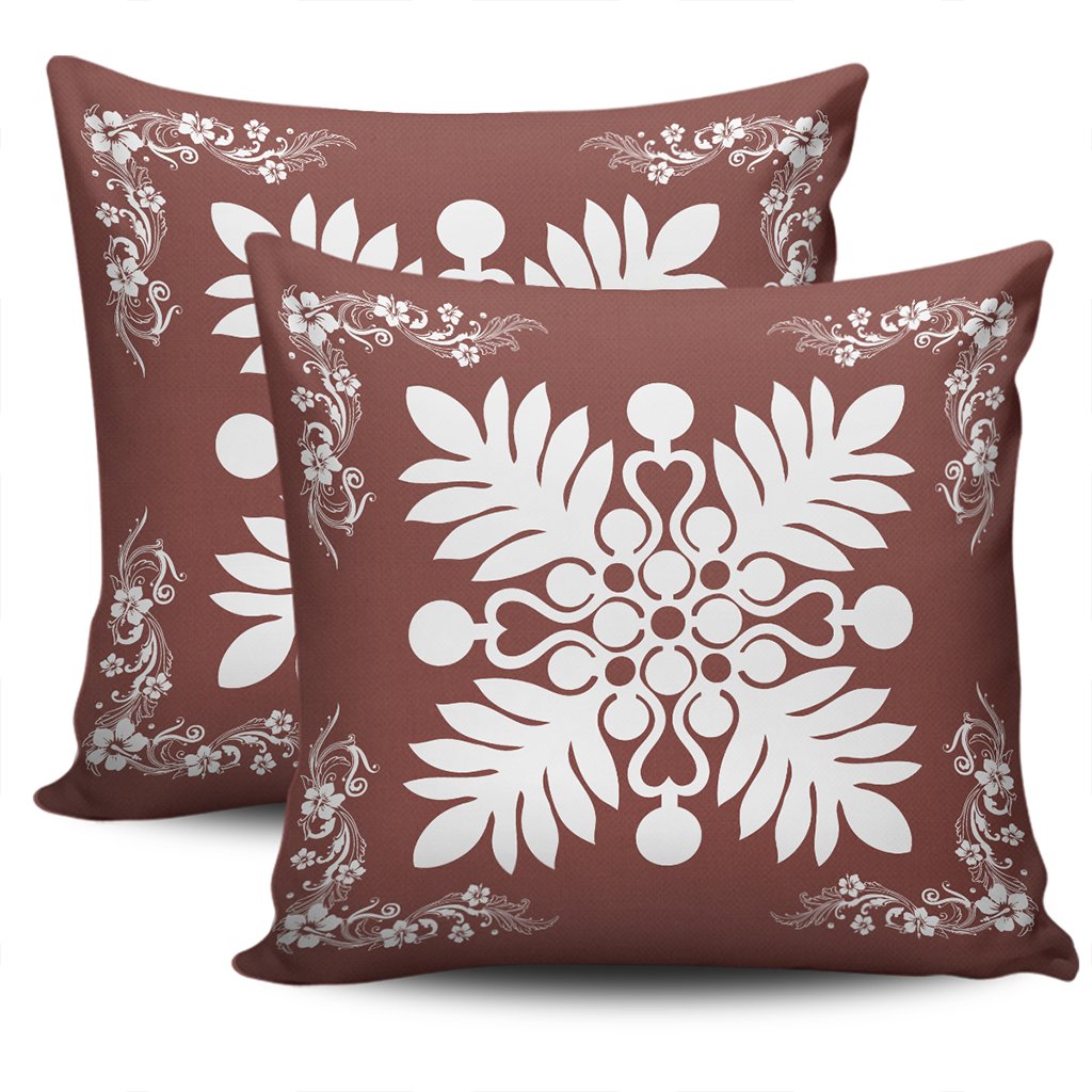 Hawaiian Quilt Maui Plant And Hibiscus Pattern Pillow Covers - White Coral - AH - Polynesian Pride