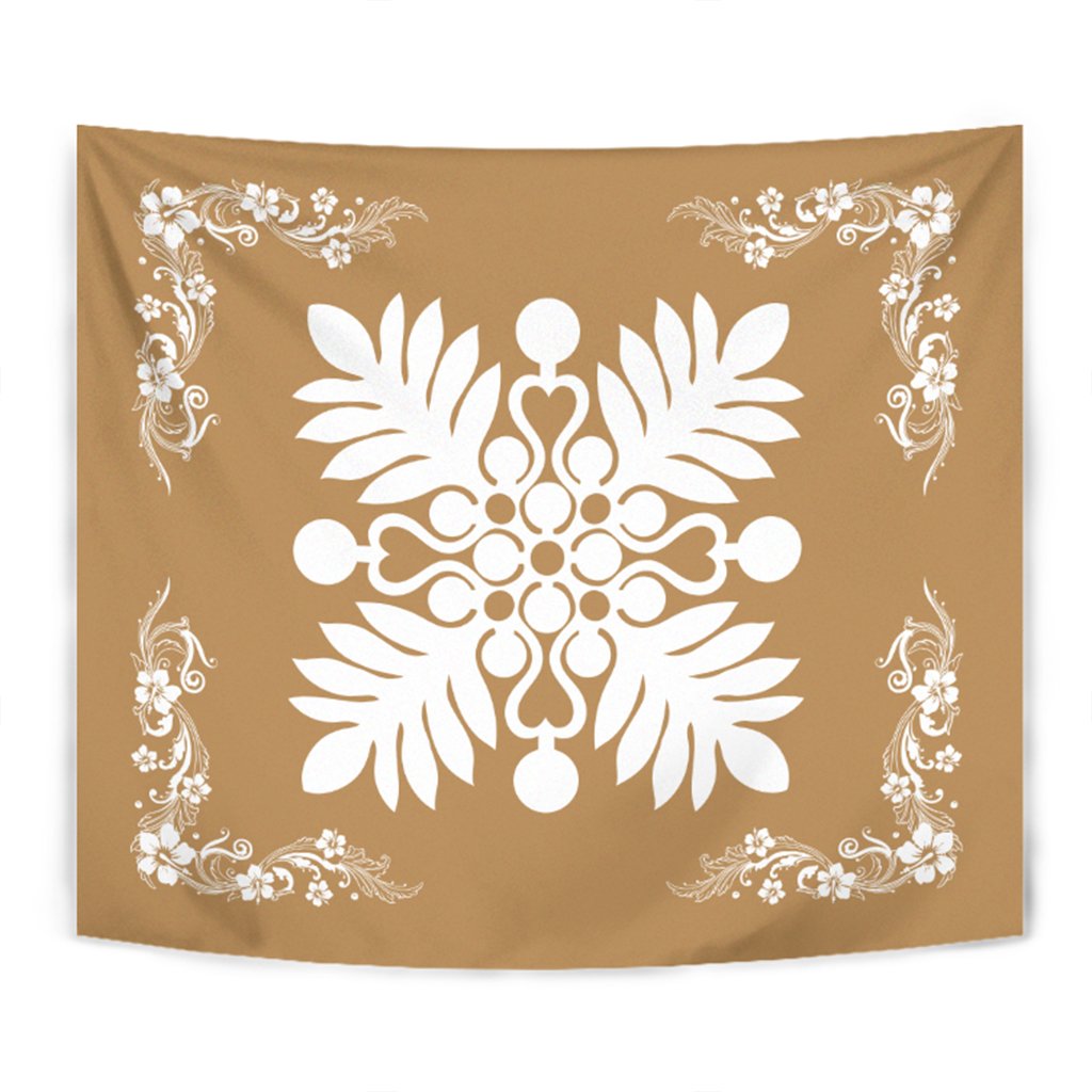 Hawaiian Quilt Maui Plant And Hibiscus Tappestry - White Gold - AH Wall Tapestry White - Polynesian Pride