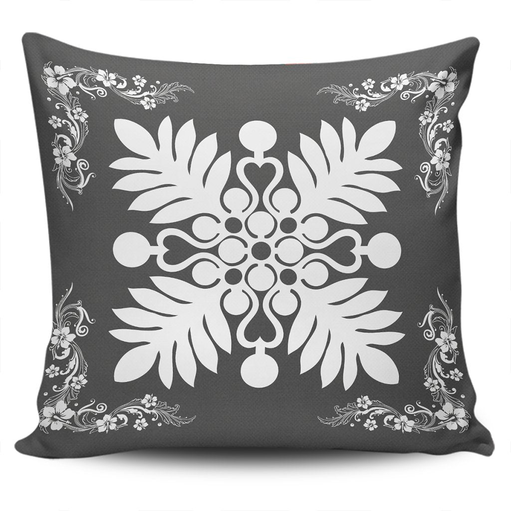 Hawaiian Quilt Maui Plant And Hibiscus Pattern Pillow Covers - White Gray - AH One Size White - Polynesian Pride