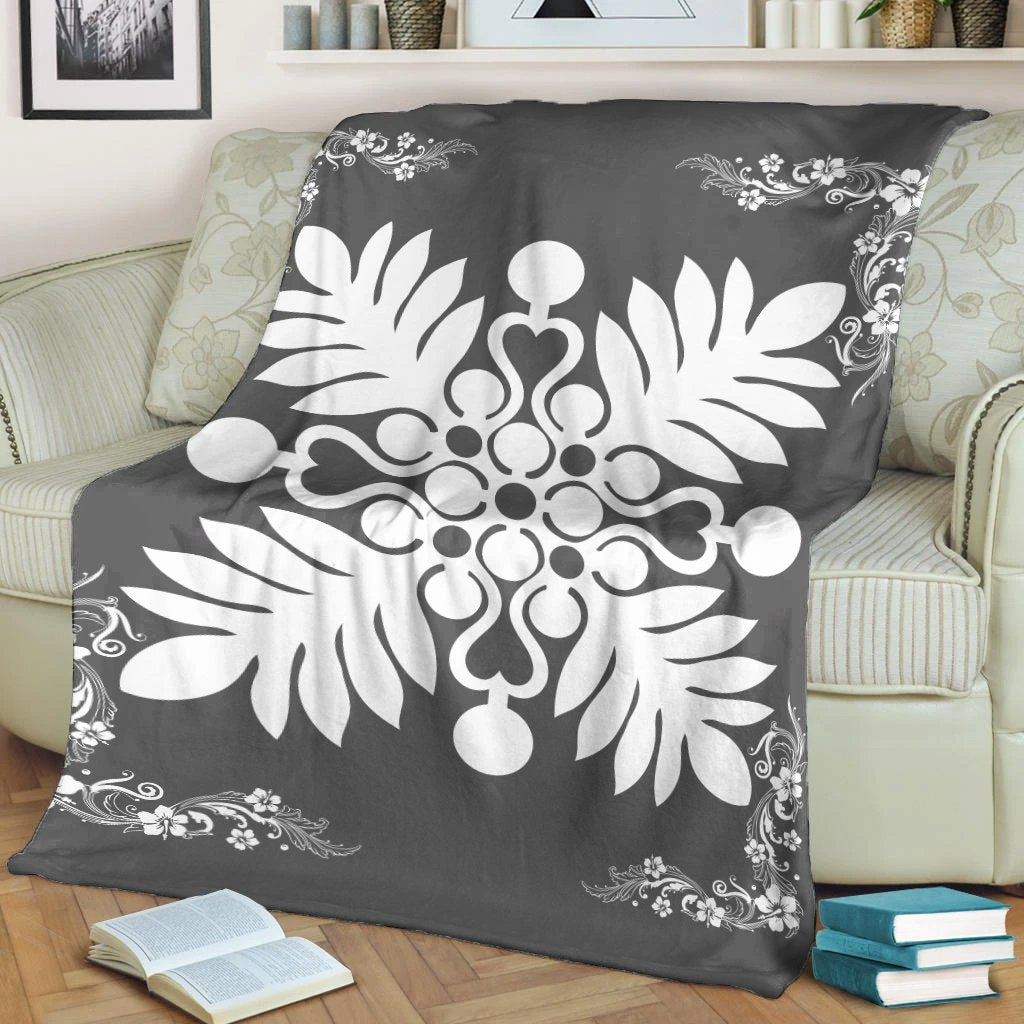 Hawaiian Quilt Maui Plant And Hibiscus Premium Blanket - White Gray - AH - Polynesian Pride