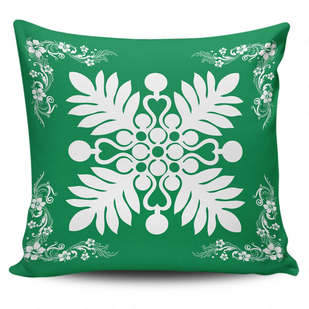 Hawaiian Quilt Maui Plant And Hibiscus Pattern Pillow Covers - White Green - AH One Size White - Polynesian Pride