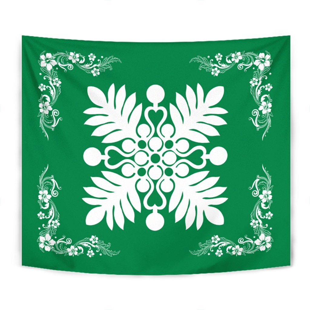 Hawaiian Quilt Maui Plant And Hibiscus Tappestry - White Green - AH Wall Tapestry White - Polynesian Pride