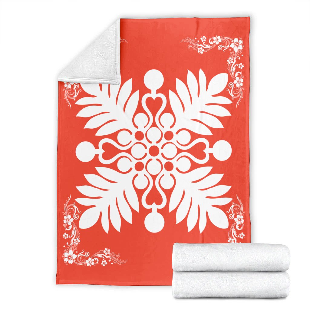 Hawaiian Quilt Maui Plant And Hibiscus Premium Blanket - White Orange - AH - Polynesian Pride