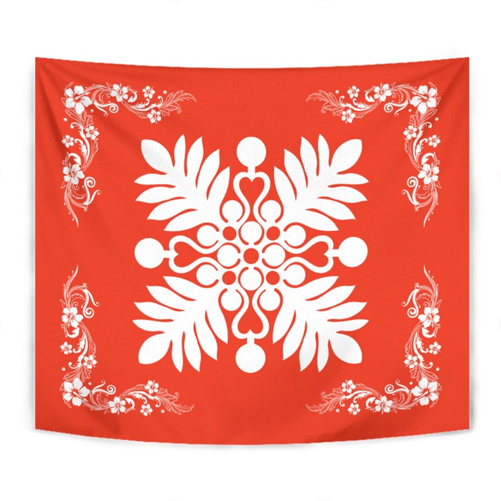 Hawaiian Quilt Maui Plant And Hibiscus Tappestry - White Orange - AH Wall Tapestry White - Polynesian Pride