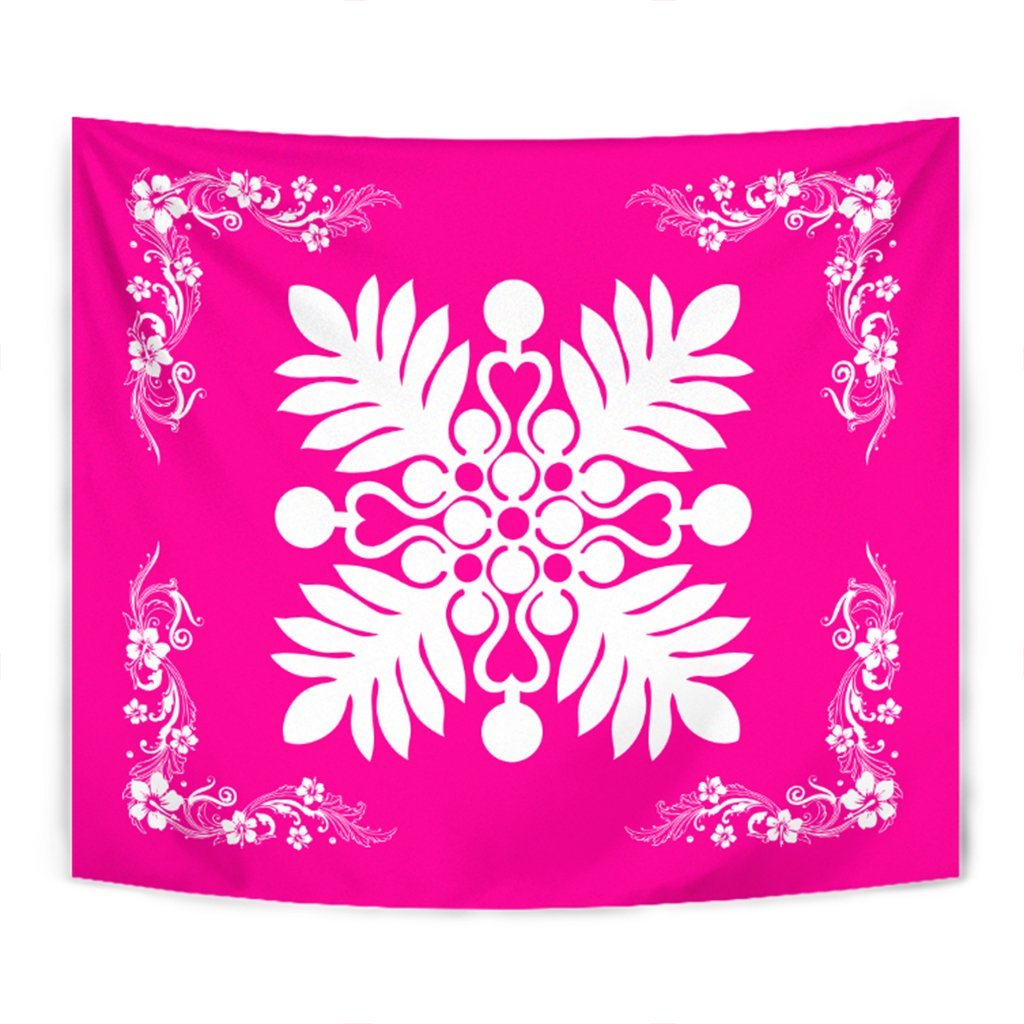 Hawaiian Quilt Maui Plant And Hibiscus Tappestry - White Pink - AH Wall Tapestry White - Polynesian Pride