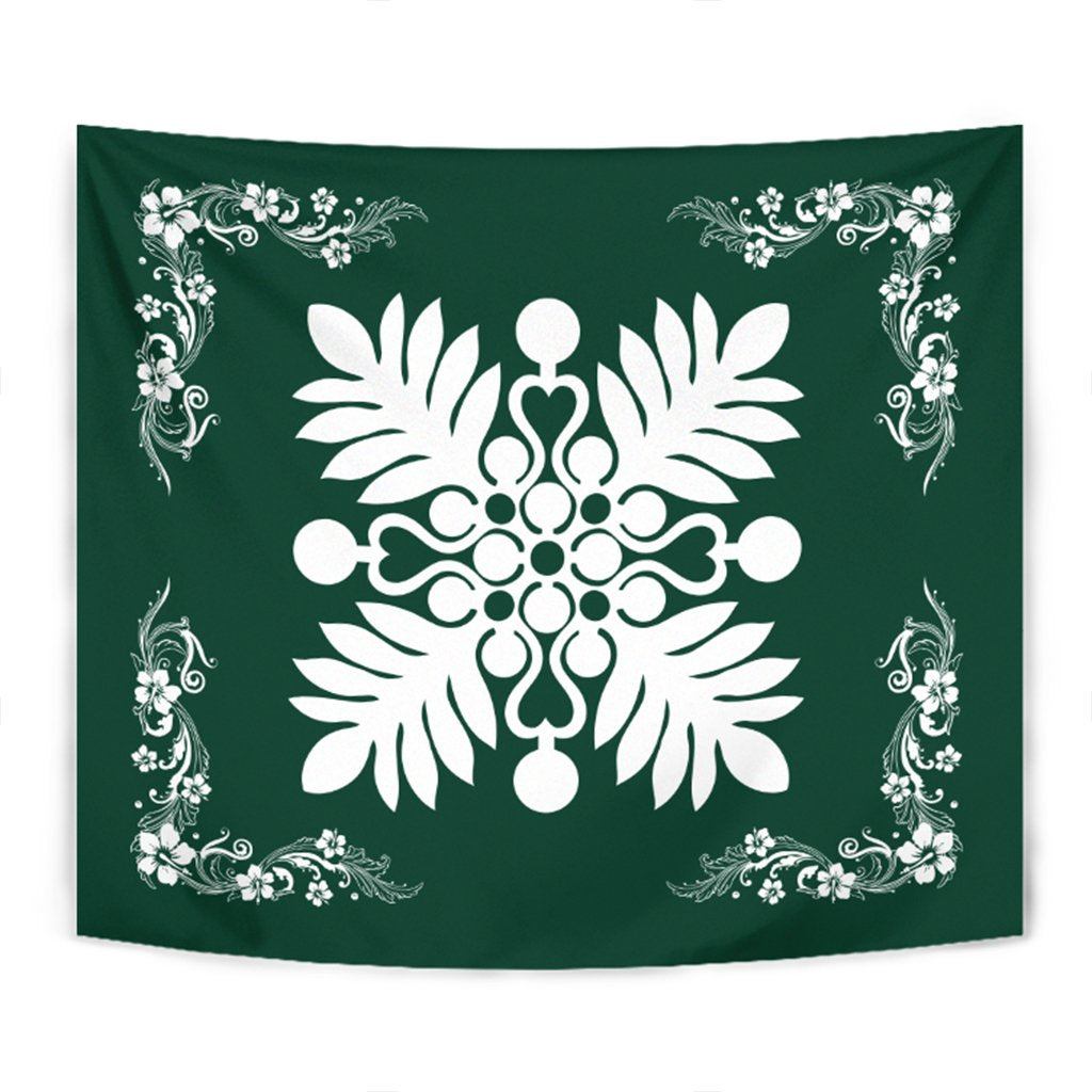 Hawaiian Quilt Maui Plant And Hibiscus Tappestry - White Sacramento - AH Wall Tapestry White - Polynesian Pride