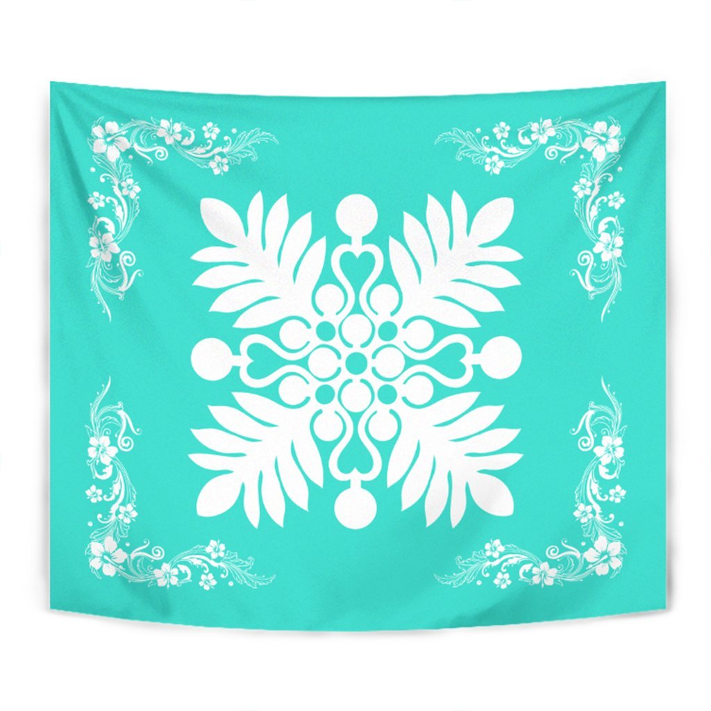 Hawaiian Quilt Maui Plant And Hibiscus Tappestry - White Turquoise - AH Wall Tapestry White - Polynesian Pride