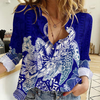 Queen Salote College Tonga Women Casual Shirt Kupesi Style - Ver02 LT7 Female Blue - Polynesian Pride