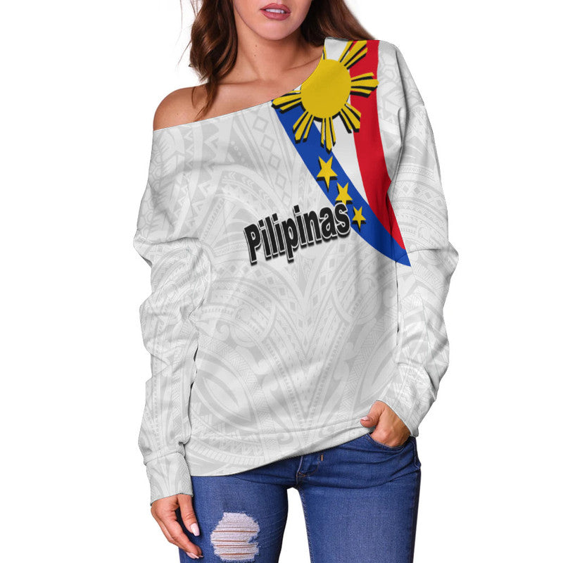 Pilipinas Off Shoulder Sweater Simple Style - White LT6 - Polynesian Pride