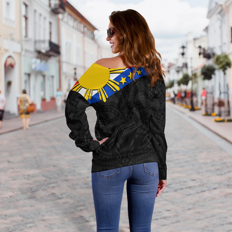 Pilipinas Off Shoulder Sweater Simple Style - Black LT6 - Polynesian Pride