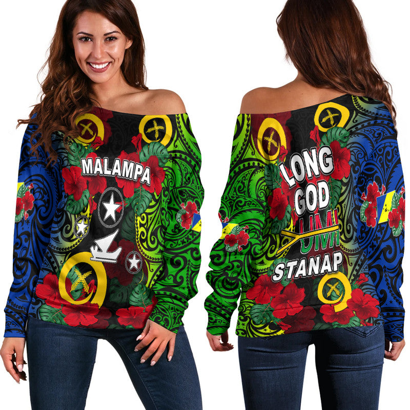 Vanuatu Malampa And Hibiscus Off Shoulder Sweater LT6 Women Black - Polynesian Pride