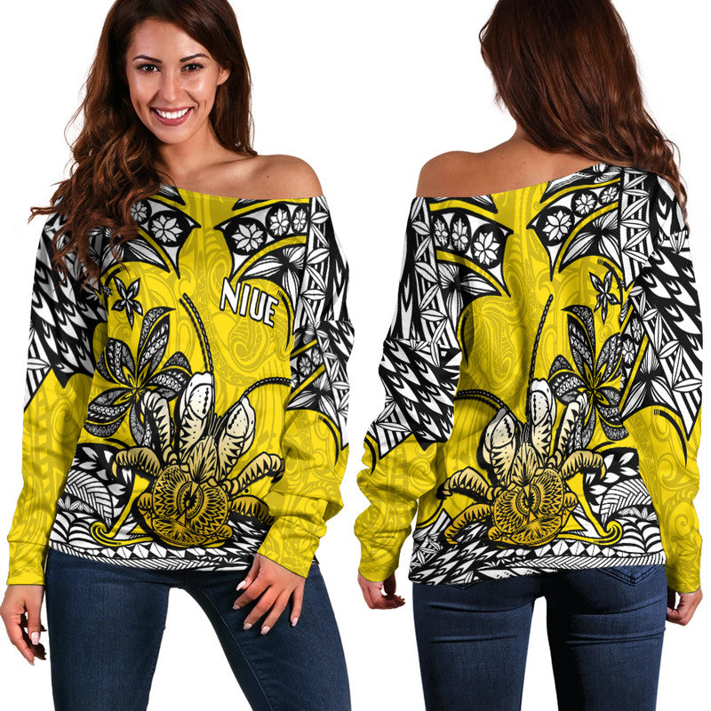 Niue Uga Off Shoulder Sweater Tribal Patterns Yellow Style LT6 - Polynesian Pride