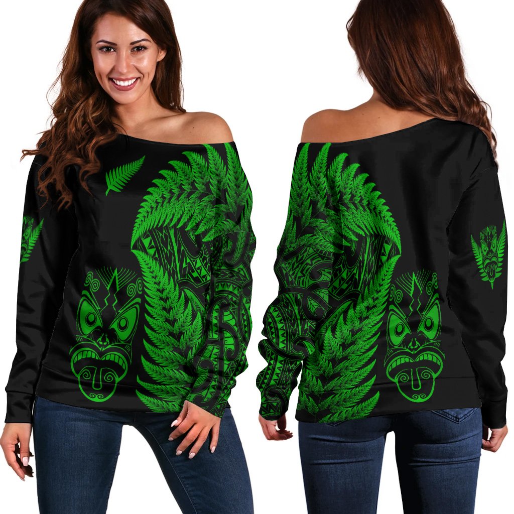 New Zealand Haka Rugby Maori Women Off Shoulder Sweater Silver Fern Vibes - Green LT8 - Polynesian Pride