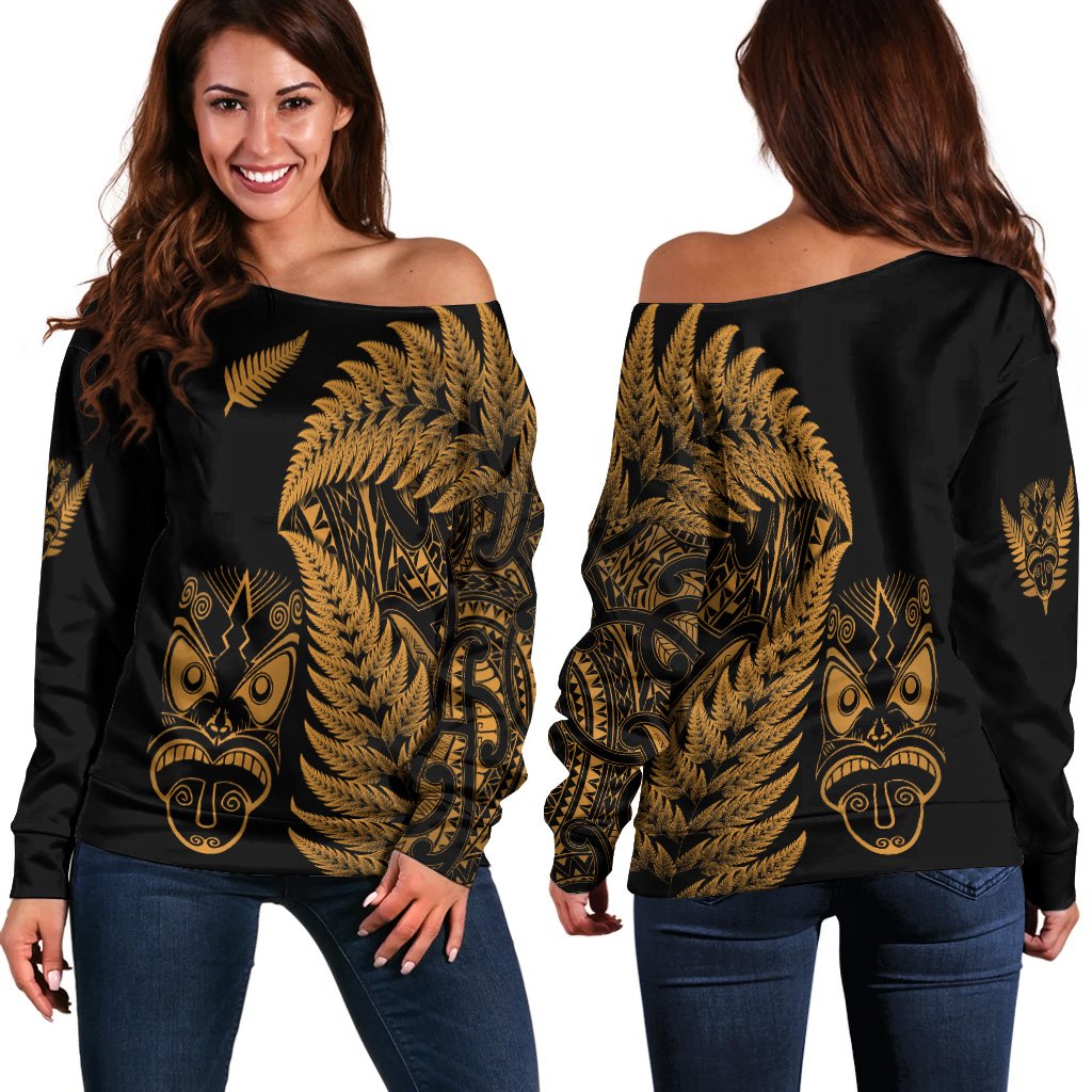 New Zealand Haka Rugby Maori Women Off Shoulder Sweater Silver Fern Vibes - Gold LT8 - Polynesian Pride