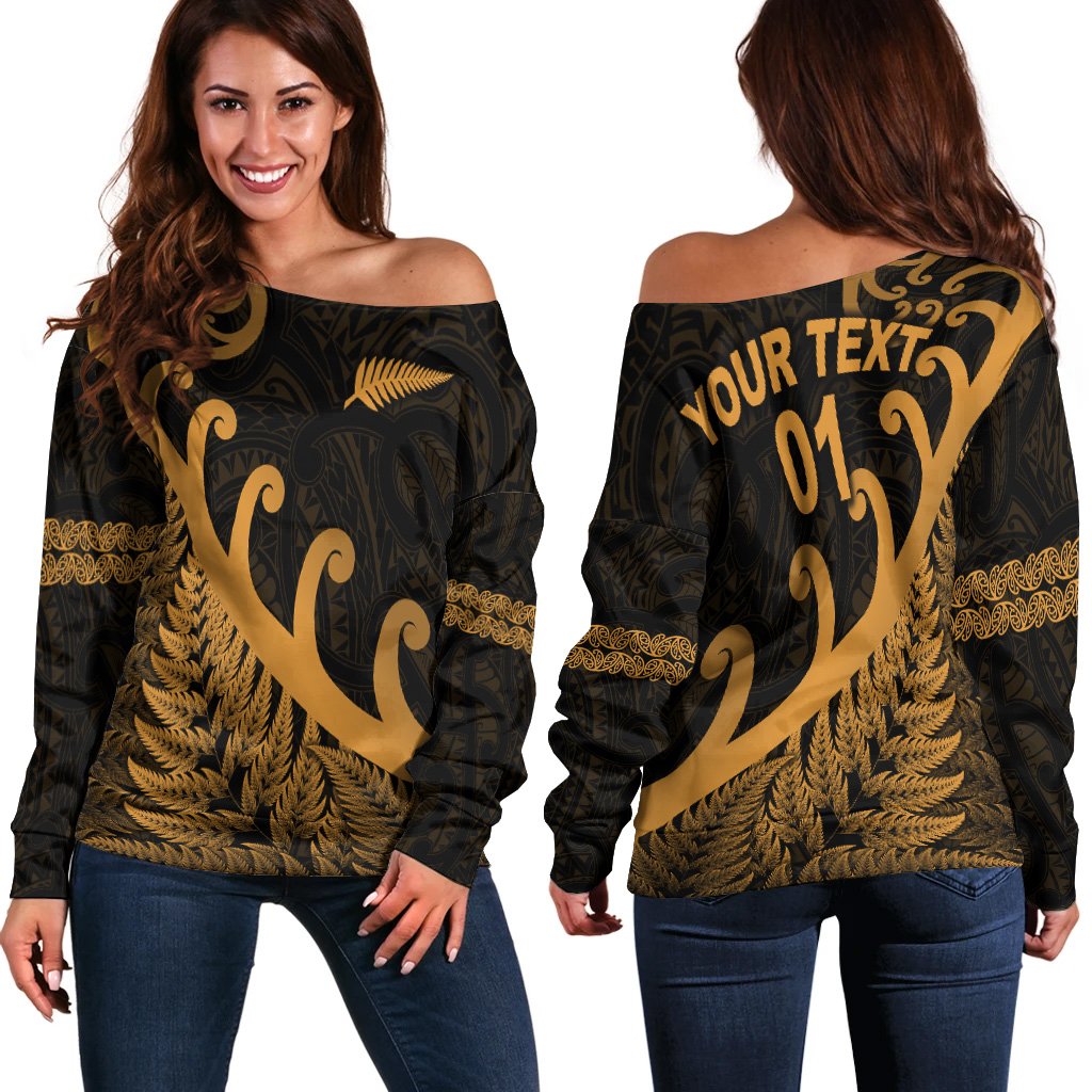 (Custom Personalised) New Zealand Rugby Maori Women Off Shoulder Sweater Silver Fern Koru Vibes - Gold LT8 - Polynesian Pride