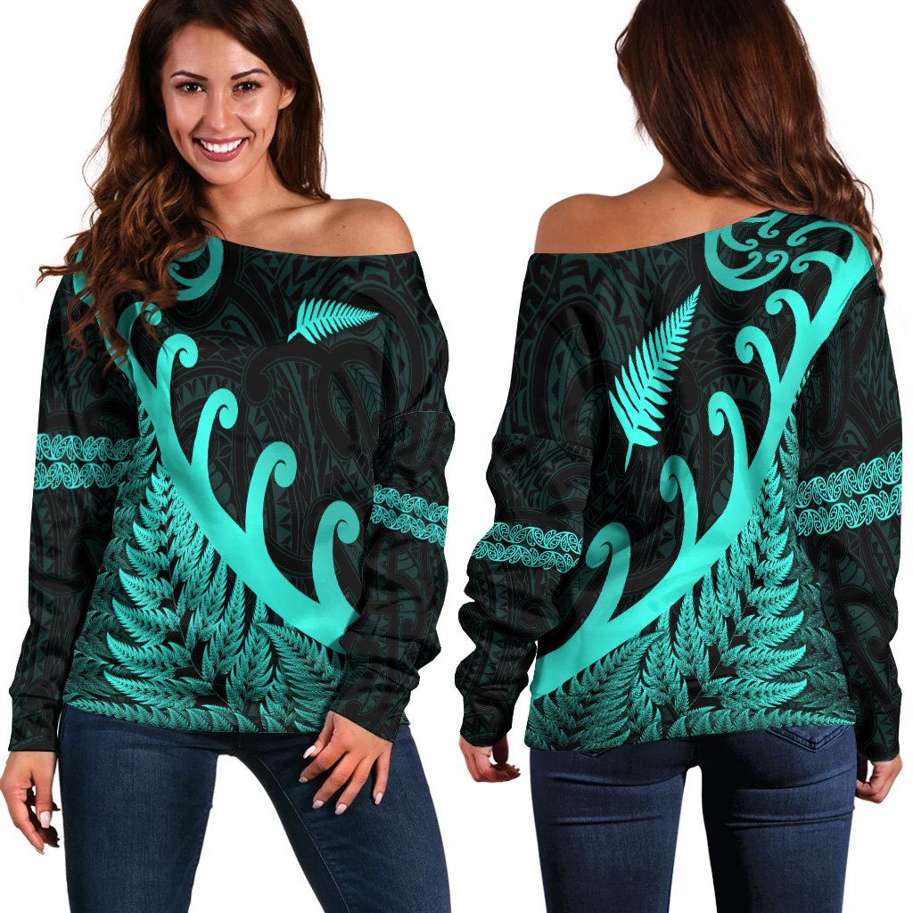 New Zealand Rugby Maori Women Off Shoulder Sweater Silver Fern Koru Vibes - Turquoise LT8 - Polynesian Pride