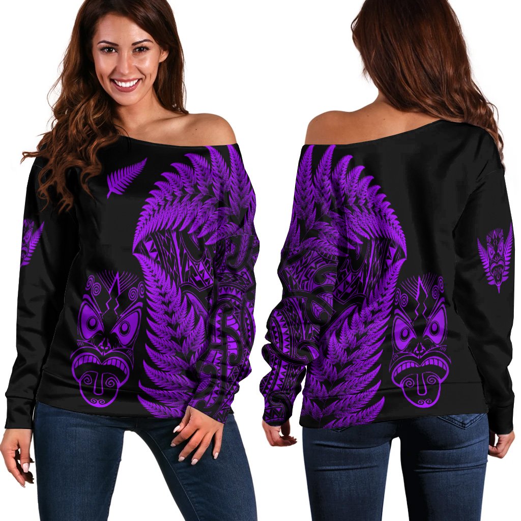 New Zealand Haka Rugby Maori Women Off Shoulder Sweater Silver Fern Vibes - Purple LT8 - Polynesian Pride