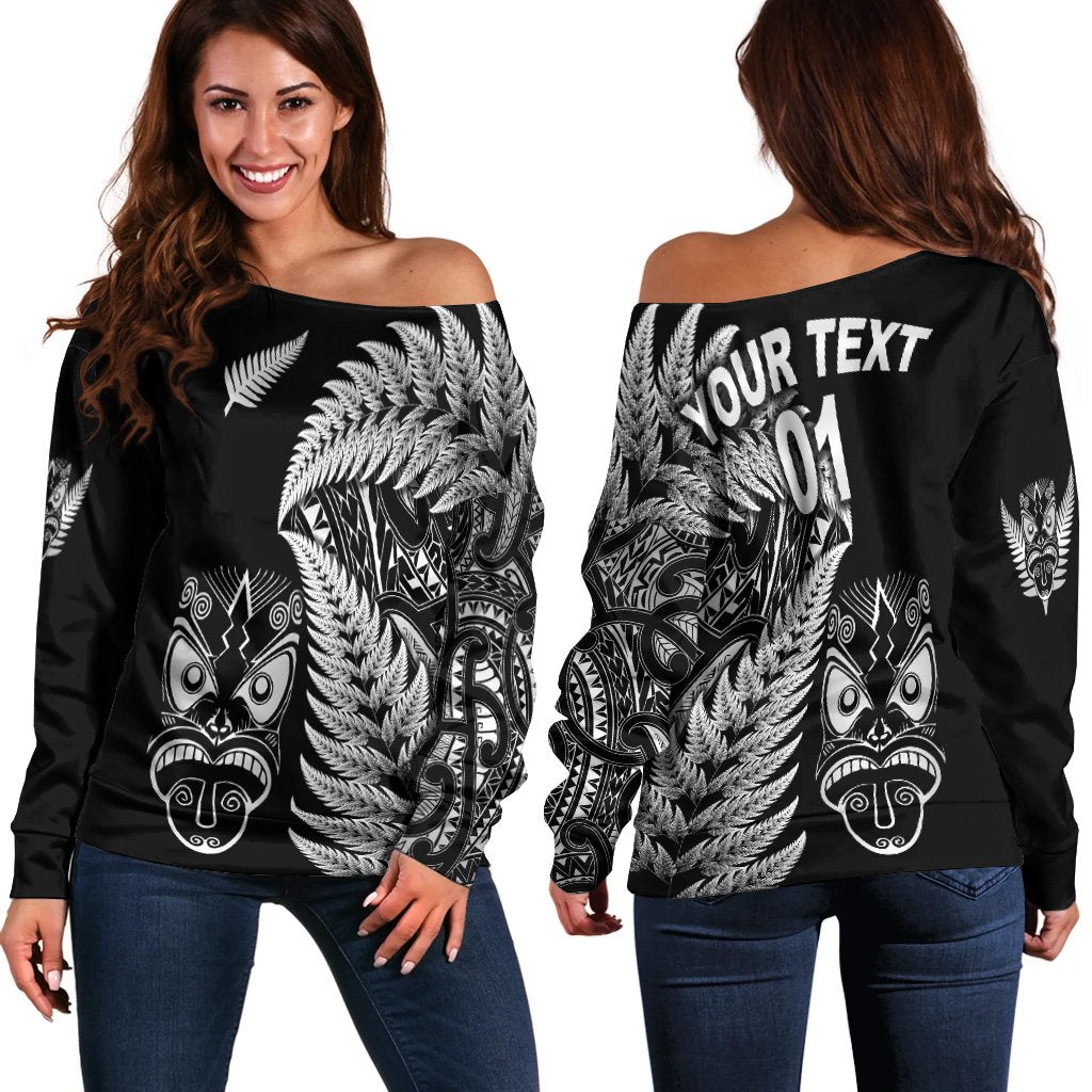 (Custom Personalised) New Zealand Haka Rugby Maori Women Off Shoulder Sweater Silver Fern Vibes - Black LT8 - Polynesian Pride