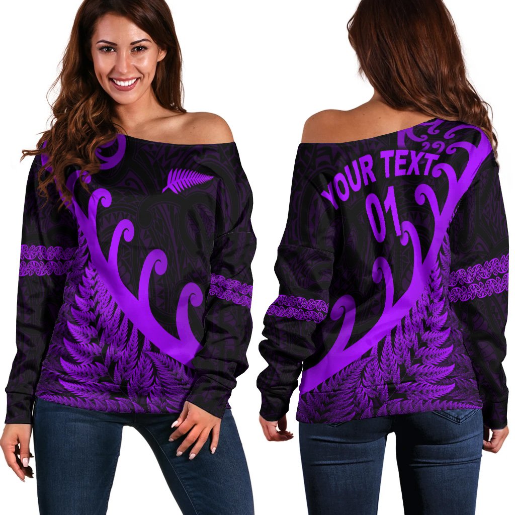 (Custom Personalised) New Zealand Rugby Maori Women Off Shoulder Sweater Silver Fern Koru Vibes - Purple LT8 - Polynesian Pride