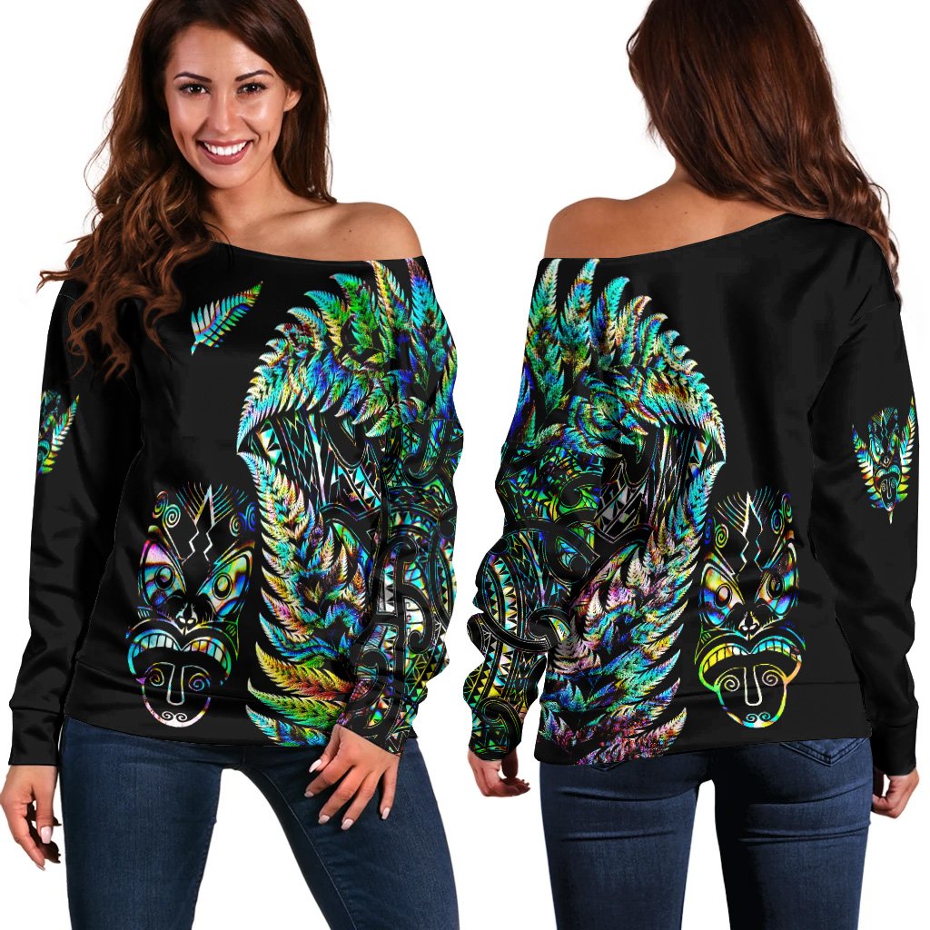 New Zealand Haka Rugby Maori Women Off Shoulder Sweater Silver Fern Vibes - Paua Shell LT8 - Polynesian Pride